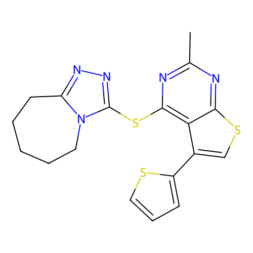 2-methyl-5-(thiophen-2-yl)-4-{5H,6H,7H,8H,9H-[1,2,4]triazolo[4,3-a]azepin-3-ylsulfanyl}thieno[2,3-d]pyrimidine structure