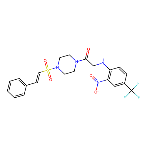 2-[[2-nitro-4-(trifluoromethyl)phenyl]amino]-1-[4-(2-phenylethenylsulfonyl)piperazin-1-yl]ethanone structure