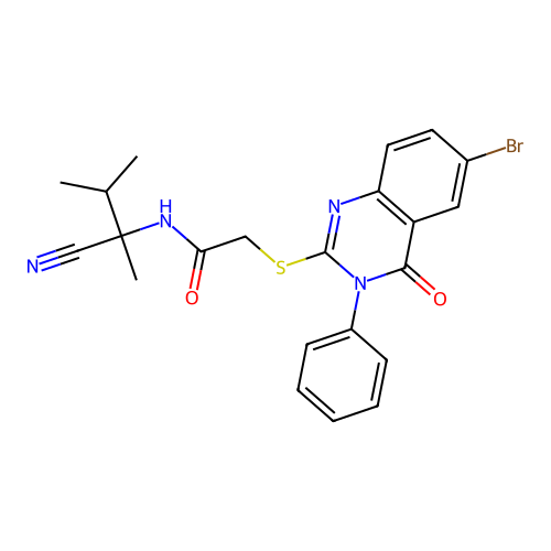 2-(6-bromo-4-oxo-3-phenylquinazolin-2-yl)sulfanyl-N-(2-cyano-3-methylbutan-2-yl)acetamide structure