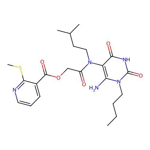 [(6-amino-1-butyl-2,4-dioxo-1,2,3,4-tetrahydropyrimidin-5-yl)(3-methylbutyl)carbamoyl]methyl 2-(methylsulfanyl)pyridine-3-carboxylate structure