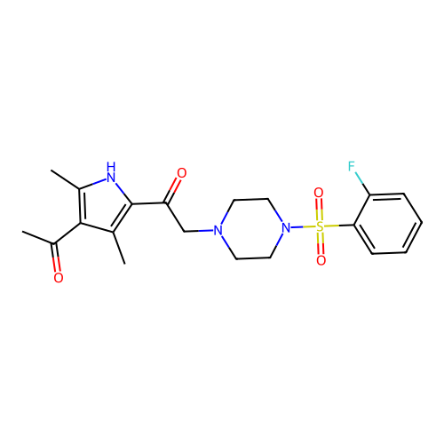 1-(4-acetyl-3,5-dimethyl-1H-pyrrol-2-yl)-2-[4-(2-fluorophenyl)sulfonylpiperazin-1-yl]ethanone structure