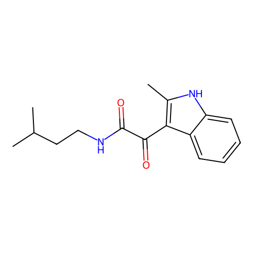 N-isopentyl-2-(2-methyl-1H-indol-3-yl)-2-oxoacetamide structure