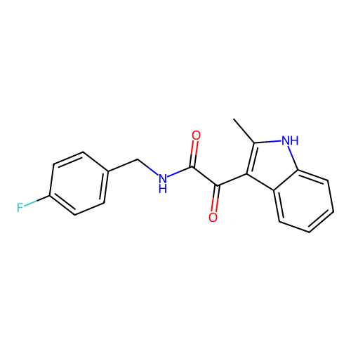 N-[(4-fluorophenyl)methyl]-2-(2-methyl-1H-indol-3-yl)-2-oxoacetamide structure