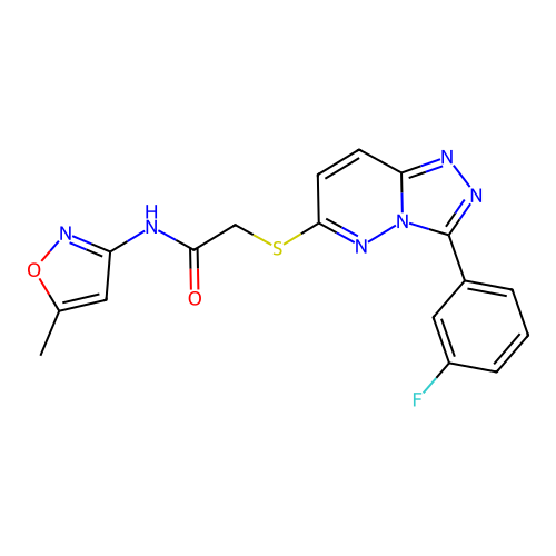 2-((3-(3-fluorophenyl)-[1,2,4]triazolo[4,3-b]pyridazin-6-yl)thio)-N-(5-methylisoxazol-3-yl)acetamide structure