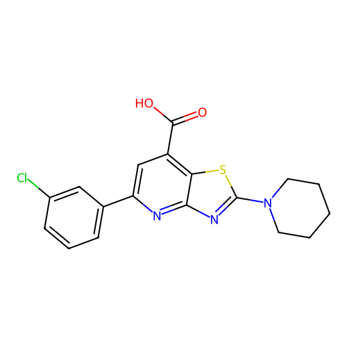 5-(3-chlorophenyl)-2-piperidin-1-yl[1,3]thiazolo[4,5-b]pyridine-7-carboxylic acid structure
