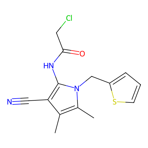 2-chloro-N-[3-cyano-4,5-dimethyl-1-(thien-2-ylmethyl)-1H-pyrrol-2-yl]acetamide structure