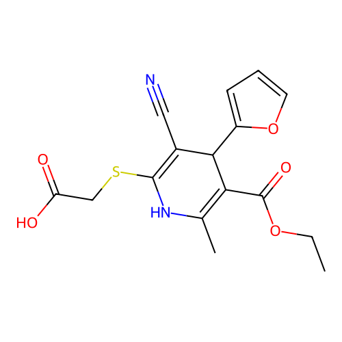 2-{[3-cyano-5-(ethoxycarbonyl)-4-(furan-2-yl)-6-methyl-1,4-dihydropyridin-2-yl]sulfanyl}acetic acid structure