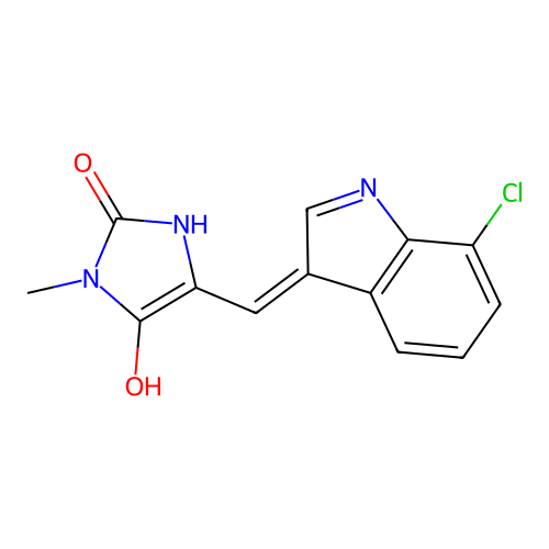 5-[(7-chloroindol-3-ylidene)methyl]-4-hydroxy-3-methyl-1H-imidazol-2-one structure