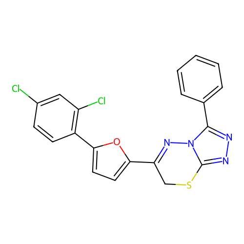 6-[5-(2,4-dichlorophenyl)furan-2-yl]-3-phenyl-7H-[1,2,4]triazolo[3,4-b][1,3,4]thiadiazine structure
