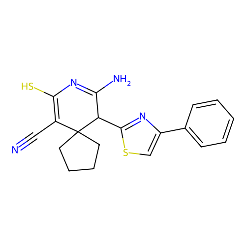 9-imino-10-(4-phenyl-1,3-thiazol-2-yl)-7-sulfanyl-8-azaspiro[4.5]dec-6-ene-6-carbonitrile structure