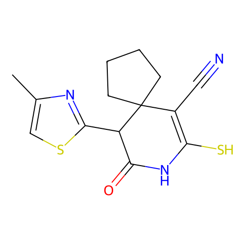 10-(4-methyl-1,3-thiazol-2-yl)-9-oxo-7-sulfanyl-8-azaspiro[4.5]dec-6-ene-6-carbonitrile structure