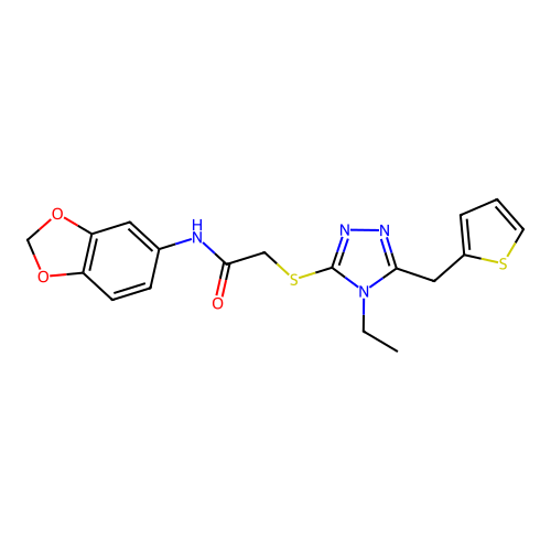 N-(1,3-benzodioxol-5-yl)-2-[[4-ethyl-5-(thiophen-2-ylmethyl)-1,2,4-triazol-3-yl]sulfanyl]acetamide structure