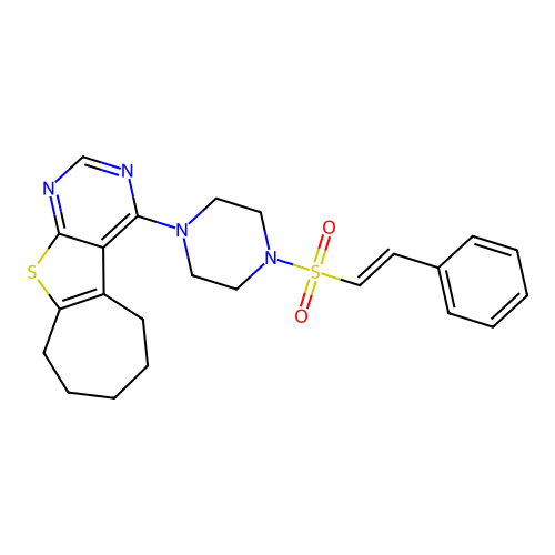 3-[4-(2-phenylethenesulfonyl)piperazin-1-yl]-8-thia-4,6-diazatricyclo[7.5.0.0,2,7]tetradeca-1(9),2,4,6-tetraene structure