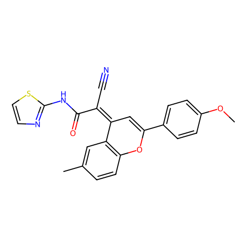 2-cyano-2-[2-(4-methoxyphenyl)-6-methyl-4H-chromen-4-ylidene]-N-(1,3-thiazol-2-yl)acetamide structure