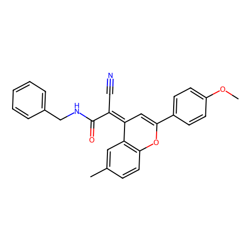 N-benzyl-2-cyano-2-[2-(4-methoxyphenyl)-6-methylchromen-4-ylidene]acetamide structure