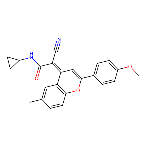 2-cyano-N-cyclopropyl-2-[2-(4-methoxyphenyl)-6-methyl-4H-chromen-4-ylidene]acetamide structure