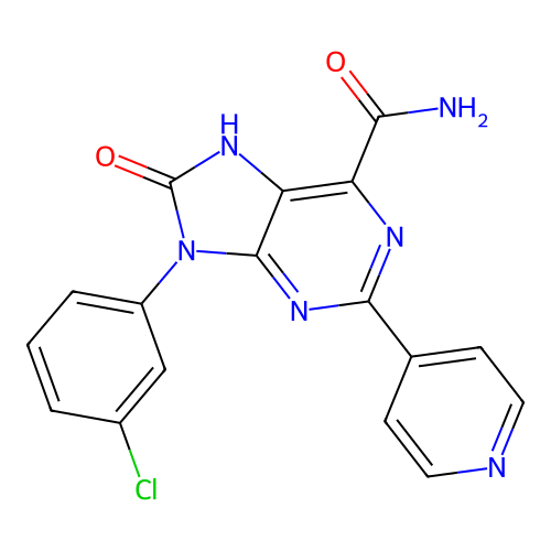 9-(3-chlorophenyl)-8-oxo-2-(pyridin-4-yl)-8,9-dihydro-7H-purine-6-carboxamide structure