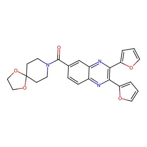 [2,3-bis(furan-2-yl)quinoxalin-6-yl]-(1,4-dioxa-8-azaspiro[4.5]decan-8-yl)methanone structure