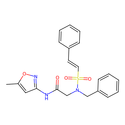 2-(N-benzyl-2-phenylethenesulfonamido)-N-(5-methyl-1,2-oxazol-3-yl)acetamide structure