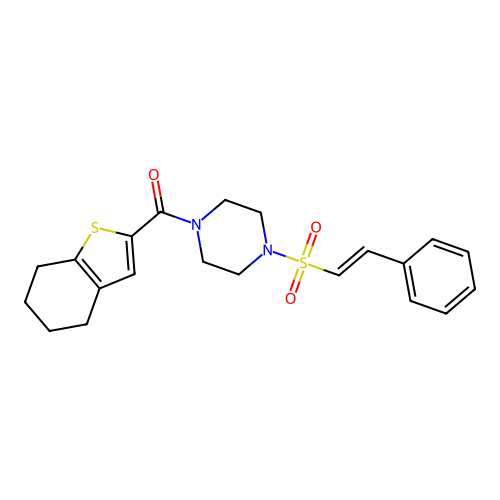 1-(2-phenylethenesulfonyl)-4-(4,5,6,7-tetrahydro-1-benzothiophene-2-carbonyl)piperazine structure