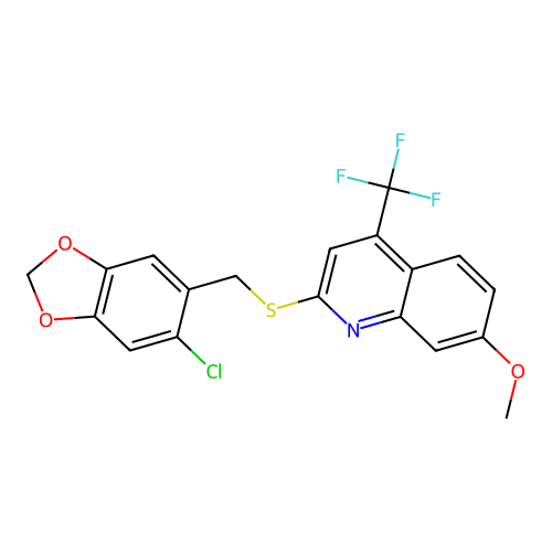 2-{[(6-CHLORO-2H-1,3-BENZODIOXOL-5-YL)METHYL]SULFANYL}-7-METHOXY-4-(TRIFLUOROMETHYL)QUINOLINE structure