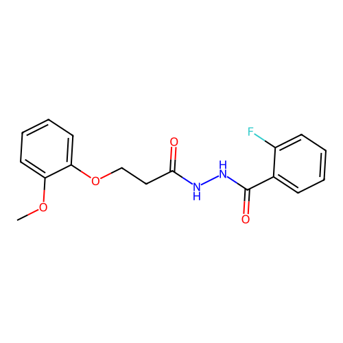 2-fluoro-N'-[3-(2-methoxyphenoxy)propanoyl]benzohydrazide structure