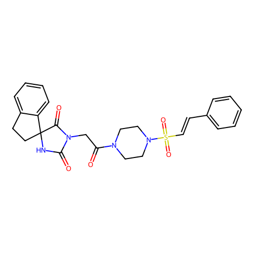 1-{2-oxo-2-[4-(2-phenylethenesulfonyl)piperazin-1-yl]ethyl}-2',3'-dihydrospiro[imidazolidine-4,1'-indene]-2,5-dione structure