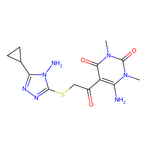 6-amino-5-[2-[(4-amino-5-cyclopropyl-1,2,4-triazol-3-yl)sulfanyl]acetyl]-1,3-dimethylpyrimidine-2,4-dione structure