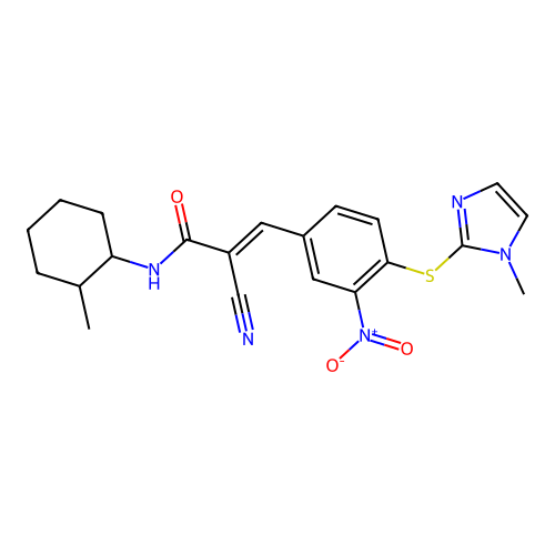 (E)-2-cyano-N-(2-methylcyclohexyl)-3-[4-(1-methylimidazol-2-yl)sulfanyl-3-nitrophenyl]prop-2-enamide structure