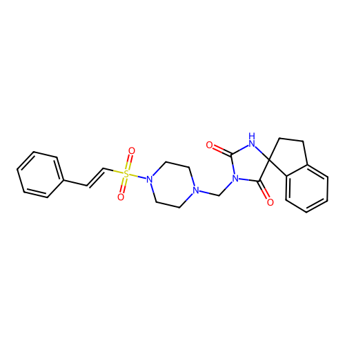 1-{[4-(2-phenylethenesulfonyl)piperazin-1-yl]methyl}-2',3'-dihydrospiro[imidazolidine-4,1'-indene]-2,5-dione structure