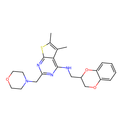 N-[(2,3-dihydro-1,4-benzodioxin-2-yl)methyl]-5,6-dimethyl-2-[(morpholin-4-yl)methyl]thieno[2,3-d]pyrimidin-4-amine structure