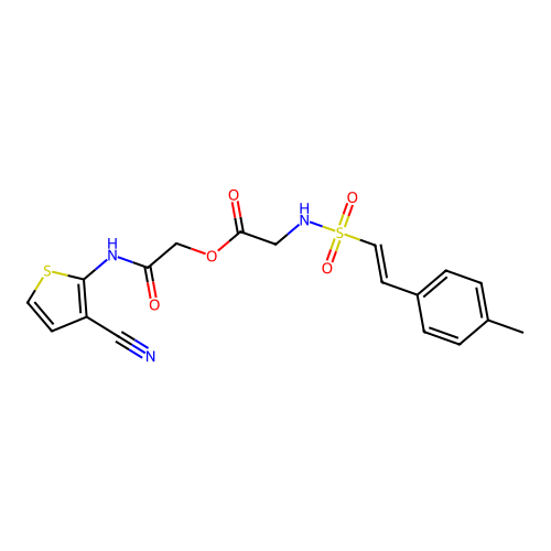 [(3-cyanothiophen-2-yl)carbamoyl]methyl 2-[2-(4-methylphenyl)ethenesulfonamido]acetate structure