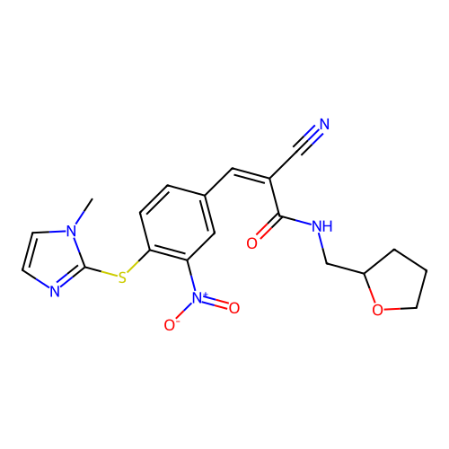 (Z)-2-Cyano-3-[4-(1-methylimidazol-2-yl)sulfanyl-3-nitrophenyl]-N-(oxolan-2-ylmethyl)prop-2-enamide structure