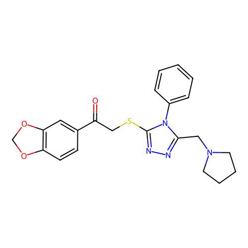 1-(1,3-benzodioxol-5-yl)-2-[[4-phenyl-5-(pyrrolidin-1-ylmethyl)-1,2,4-triazol-3-yl]sulfanyl]ethanone structure