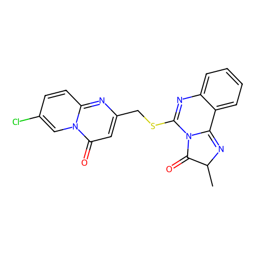 5-[({7-chloro-4-oxo-4H-pyrido[1,2-a]pyrimidin-2-yl}methyl)sulfanyl]-2-methyl-2H,3H-imidazo[1,2-c]quinazolin-3-one structure