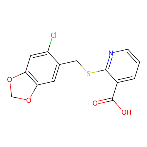 2-{[(6-Chloro-1,3-benzodioxol-5-yl)methyl]sulfanyl}pyridine-3-carboxylic acid structure