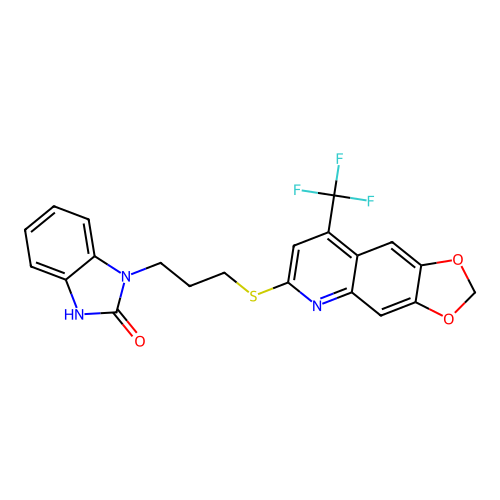 3-[3-[[8-(trifluoromethyl)-[1,3]dioxolo[4,5-g]quinolin-6-yl]sulfanyl]propyl]-1H-benzimidazol-2-one structure