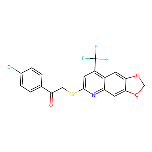 1-(4-chlorophenyl)-2-{[8-(trifluoromethyl)-2H-[1,3]dioxolo[4,5-g]quinolin-6-yl]sulfanyl}ethan-1-one structure