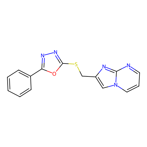 2-[({Imidazo[1,2-a]pyrimidin-2-yl}methyl)sulfanyl]-5-phenyl-1,3,4-oxadiazole structure