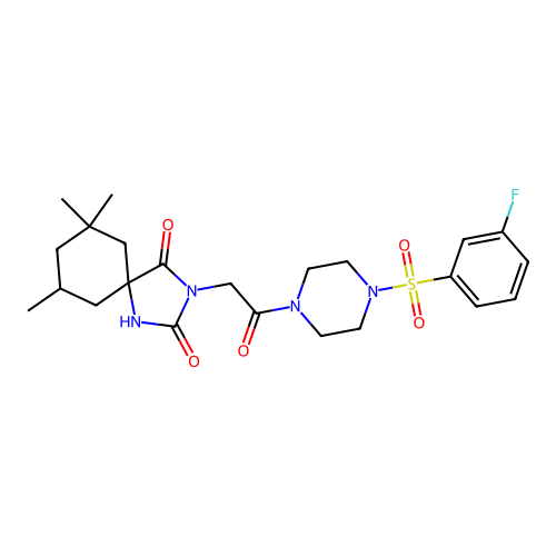 3-[2-[4-(3-fluorophenyl)sulfonylpiperazin-1-yl]-2-oxoethyl]-7,7,9-trimethyl-1,3-diazaspiro[4.5]decane-2,4-dione structure