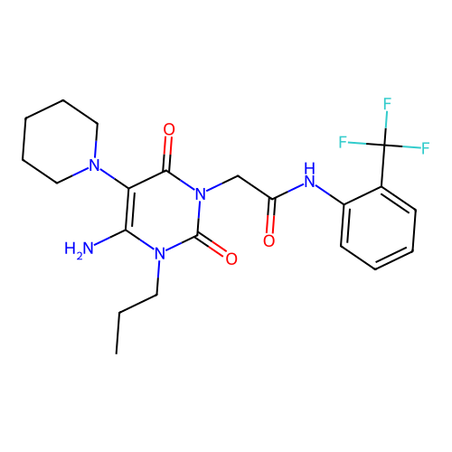 2-(4-amino-2,6-dioxo-5-piperidin-1-yl-3-propylpyrimidin-1-yl)-N-[2-(trifluoromethyl)phenyl]acetamide structure
