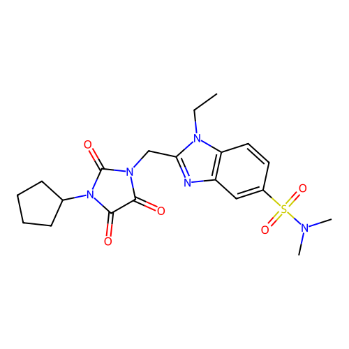 2-((3-Cyclopentyl-2,4,5-trioxoimidazolidin-1-yl)methyl)-1-ethyl-N,N-dimethyl-1H-benzo[d]imidazole-5-sulfonamide structure