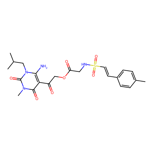 2-[6-amino-3-methyl-1-(2-methylpropyl)-2,4-dioxo-1,2,3,4-tetrahydropyrimidin-5-yl]-2-oxoethyl 2-[2-(4-methylphenyl)ethenesulfonamido]acetate structure