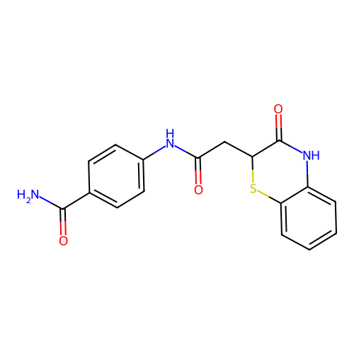 4-{[(3-hydroxy-2H-1,4-benzothiazin-2-yl)acetyl]amino}benzamide structure