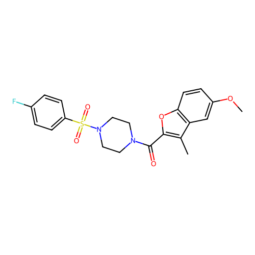 [4-(4-fluorophenyl)sulfonylpiperazin-1-yl]-(5-methoxy-3-methyl-1-benzofuran-2-yl)methanone structure