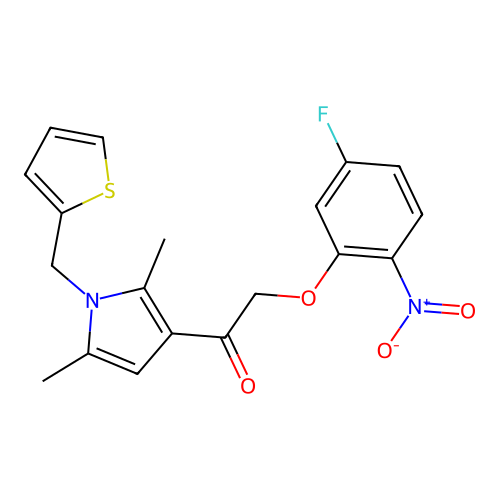 1-(2,5-Dimethyl-1-(thiophen-2-ylmethyl)-1H-pyrrol-3-yl)-2-(5-fluoro-2-nitrophenoxy)ethan-1-one structure