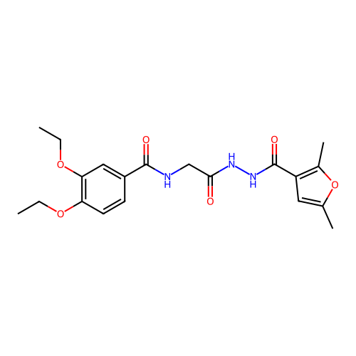 N-[2-[2-(2,5-dimethylfuran-3-carbonyl)hydrazinyl]-2-oxoethyl]-3,4-diethoxybenzamide structure