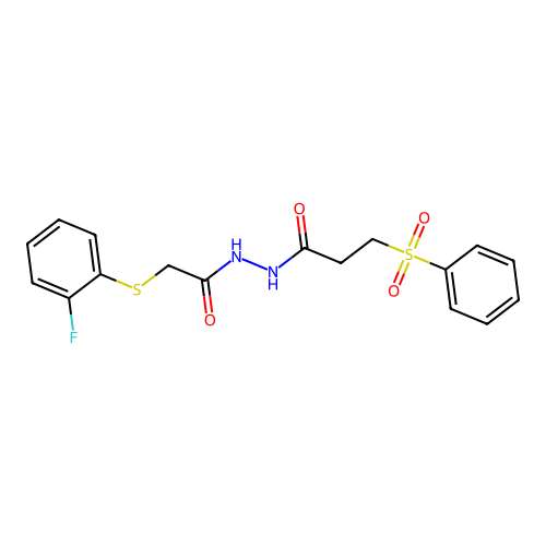 3-(benzenesulfonyl)-N'-[2-(2-fluorophenyl)sulfanylacetyl]propanehydrazide structure