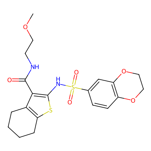 2-((2,3-Dihydrobenzo[b][1,4]dioxine)-6-sulfonamido)-N-(2-methoxyethyl)-4,5,6,7-tetrahydrobenzo[b]thiophene-3-carboxamide structure