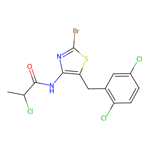N-[2-bromo-5-(2,5-dichlorobenzyl)-1,3-thiazol-4-yl]-2-chloropropanamide structure